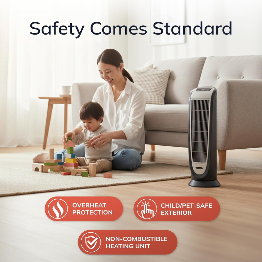 Lasko 1500W Ceramic Tower Space Heater with Digital Display and Remote Control, 5160, Black/Silver