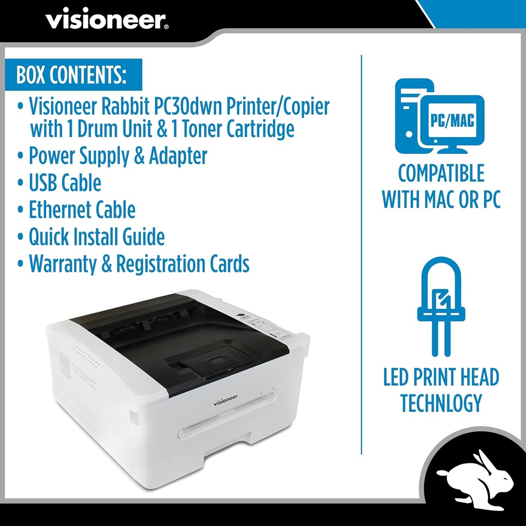 Bundle Impresora + Toner 3K 96-0335 Visioneer Rabbit PC30dwn Impresora láser/copiadora láser, impresora USB de oficina y copiadora para PC y Mac, 30 PPM, alimentador automático de documentos de 250 páginas (ADF), blanco