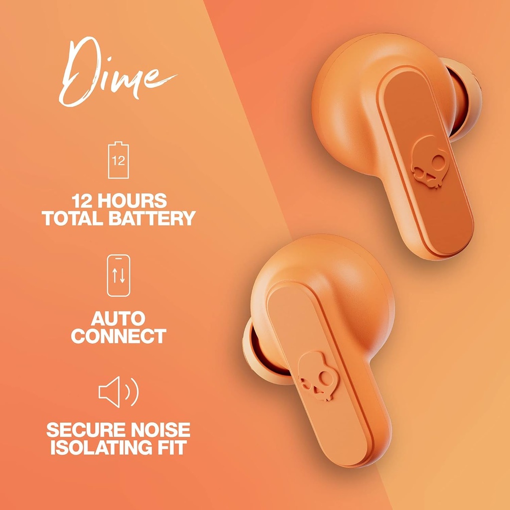 Skullcandy Dime Auriculares In-Ear Inalámbricos, 12 h de Autonomía, Micrófono, Compatibles con iPhone Android y Dispositivos Bluetooth,, Golden Orange