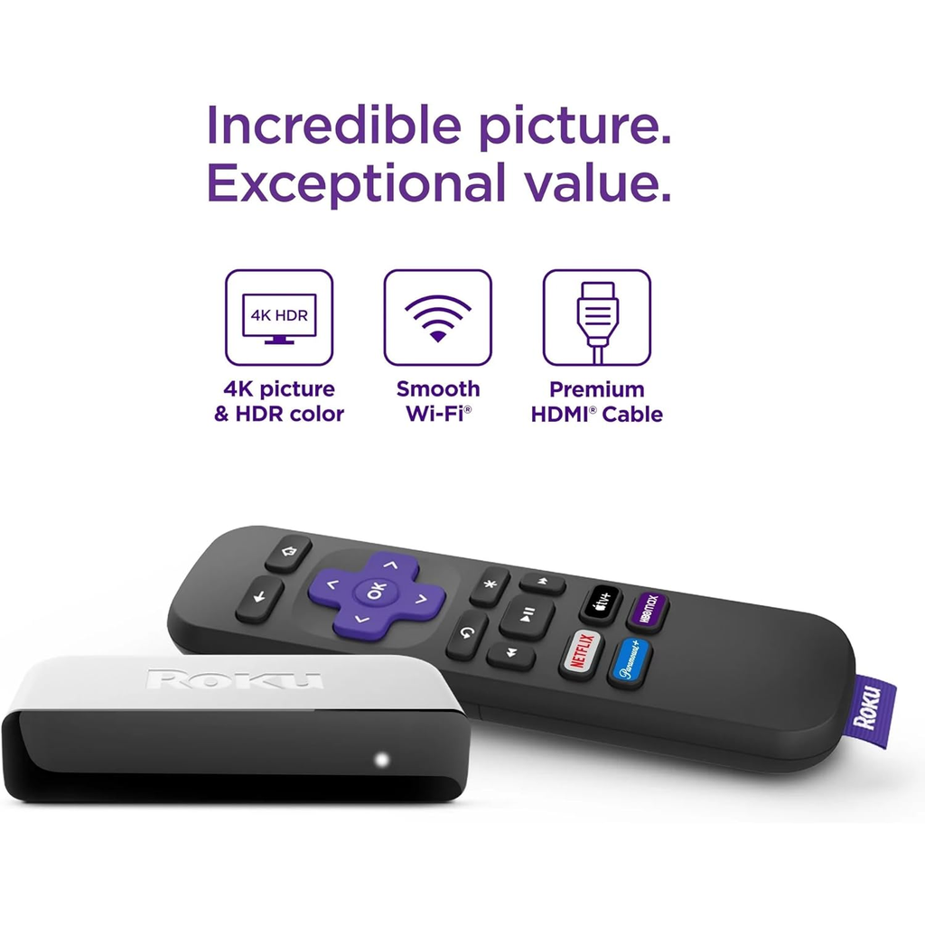 Roku Premiere 3920RW – Reproductor de Streaming 4K HDR, Wi-Fi Rápido, Control Remoto, Cable HDMI Incluido, Fácil Instalación