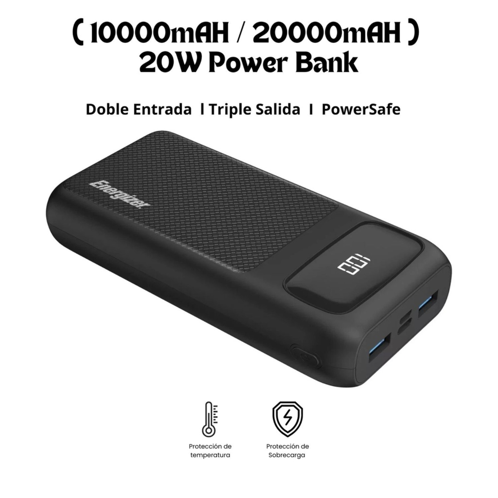 Energizer MAX Power Bank 20,000mAh – Carga Rápida 20W, USB-C + 2 USB-A, Pantalla LCD, Alta Capacidad, Color Negro