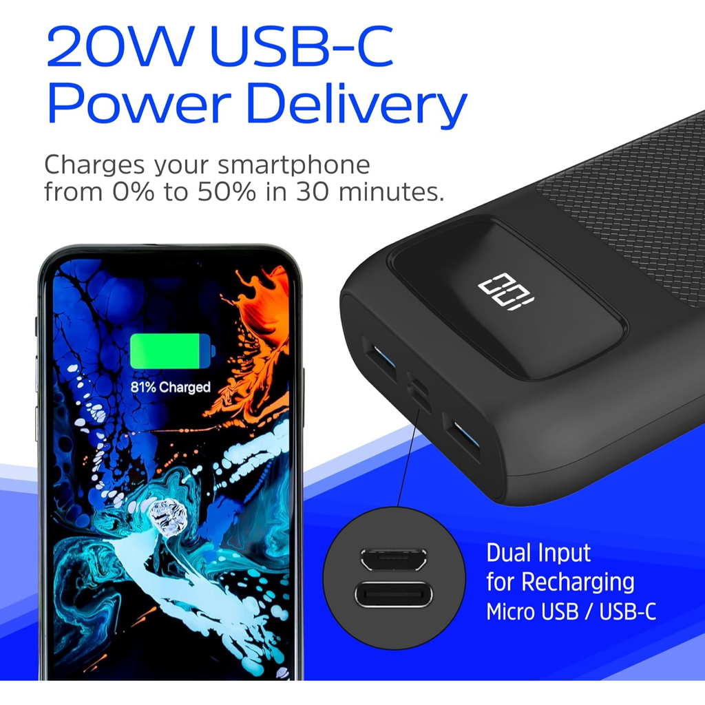 Energizer MAX Power Bank 20,000mAh – Carga Rápida 20W, USB-C + 2 USB-A, Pantalla LCD, Alta Capacidad, Color Negro