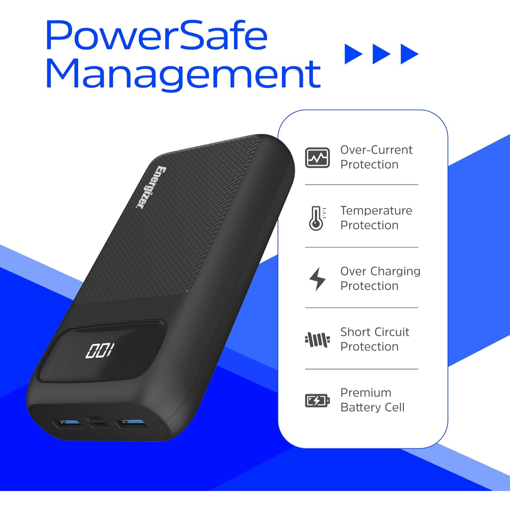 Energizer MAX Power Bank 20,000mAh – Carga Rápida 20W, USB-C + 2 USB-A, Pantalla LCD, Alta Capacidad, Color Negro