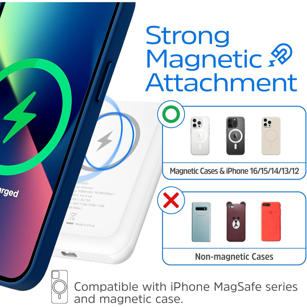 Energizer Magnetic Power Bank 5,000mAh – Carga Rápida 15W, USB-C, Compatible con MagSafe, Color White