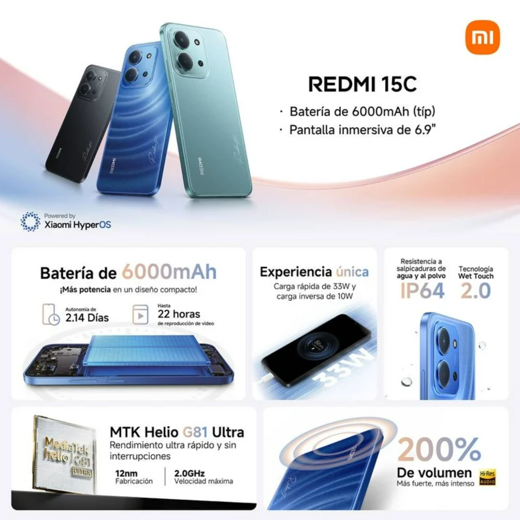 Redmi 15C Moonlight Blue – Smartphone 6.74″ HD+, 4GB RAM, 256GB Almacenamiento, Cámara 50MP, Batería de larga duración, Versión US
