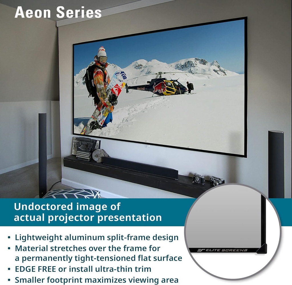 Elite Screens AR100WH2 Serie Aeon, 100 Pulgadas Diagonal, relación de aspecto 16:9, Pantalla de proyección 4K de marco fijo sin bordes para cine en casa