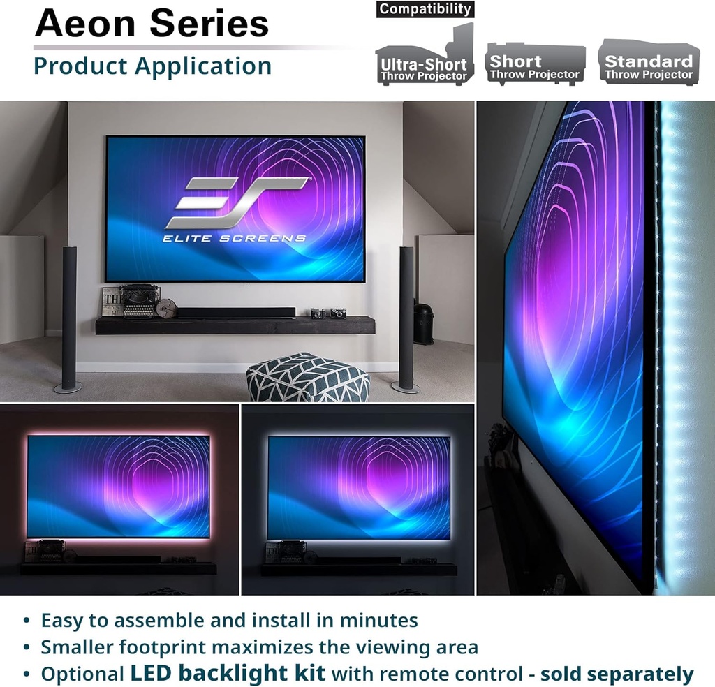 Elite Screens AR100WH2 Serie Aeon, 100 Pulgadas Diagonal, relación de aspecto 16:9, Pantalla de proyección 4K de marco fijo sin bordes para cine en casa