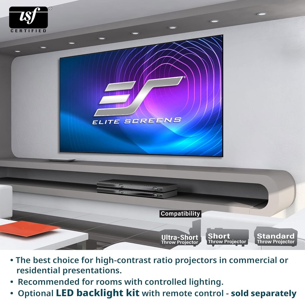 Elite Screens AR100WH2 Serie Aeon, 100 Pulgadas Diagonal, relación de aspecto 16:9, Pantalla de proyección 4K de marco fijo sin bordes para cine en casa