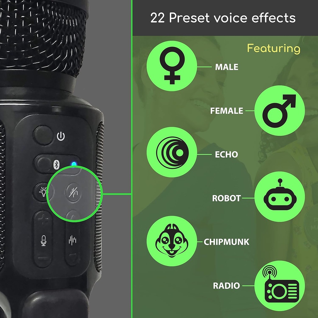 Singing Machine Máquina de Canto portátil, micrófono de Karaoke Bluetooth de Mano y Altavoz con Luces sincronizadas y 22 Efectos vocales sintonizados profesionalmente para Adultos y niños, Negro