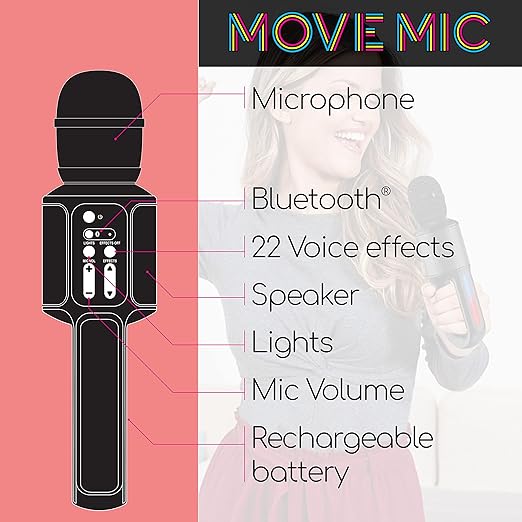 Singing Machine Máquina de Canto portátil, micrófono de Karaoke Bluetooth de Mano y Altavoz con Luces sincronizadas y 22 Efectos vocales sintonizados profesionalmente para Adultos y niños, Negro