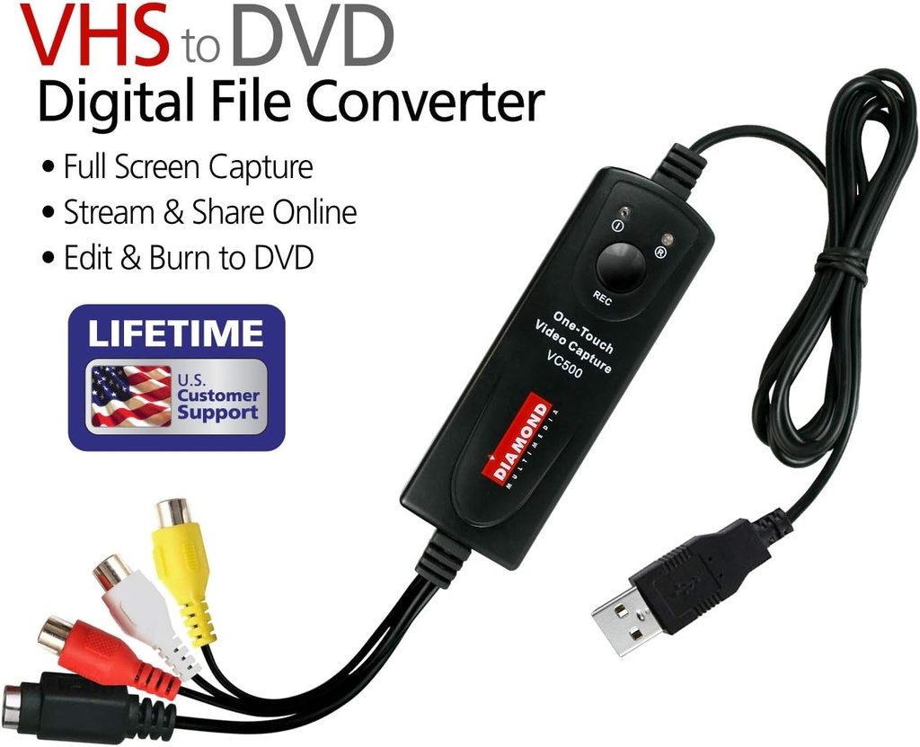 Dispositivo de captura de video de un solo toque USB 2.0 Diamond VC500 Capture contenido de VCR, videocámaras, reproductores de DVD o cualquier dispositivo que admita salida de video a través de una conexión S-Video o RCA compuesta.