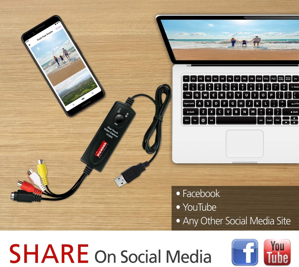 Dispositivo de captura de video de un solo toque USB 2.0 Diamond VC500 Capture contenido de VCR, videocámaras, reproductores de DVD o cualquier dispositivo que admita salida de video a través de una conexión S-Video o RCA compuesta