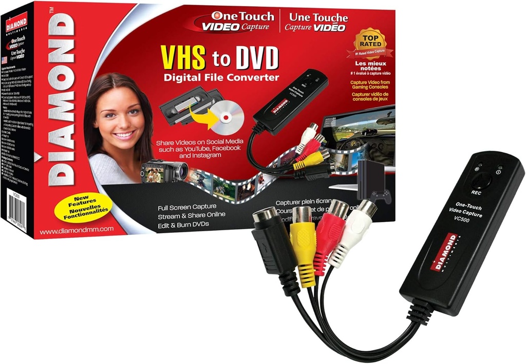 Dispositivo de captura de video de un solo toque USB 2.0 Diamond VC500 Capture contenido de VCR, videocámaras, reproductores de DVD o cualquier dispositivo que admita salida de video a través de una conexión S-Video o RCA compuesta.