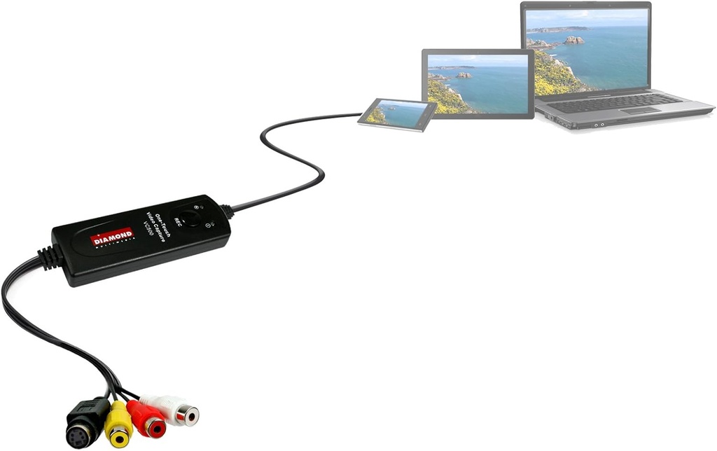 Dispositivo de captura de video de un solo toque USB 2.0 Diamond VC500 Capture contenido de VCR, videocámaras, reproductores de DVD o cualquier dispositivo que admita salida de video a través de una conexión S-Video o RCA compuesta.