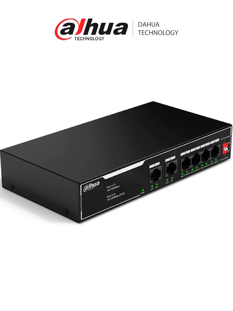 DAHUA DH-SF1006LP - Switch PoE de 6 Puertos Fast Ethernet/ 4 Puertos PoE 10/100/ 36 Watts Totales/ 2 Puertos Uplink RJ45 10/100/ PoE Watchdog